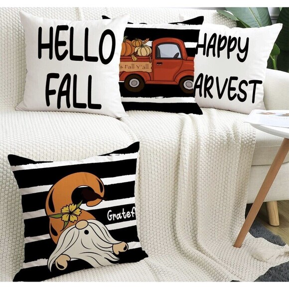Fall Pillow Covers 16x16 Inch Set of 4 Hello Fall Pumpkin Truck Gnome - Picture 2 of 8
